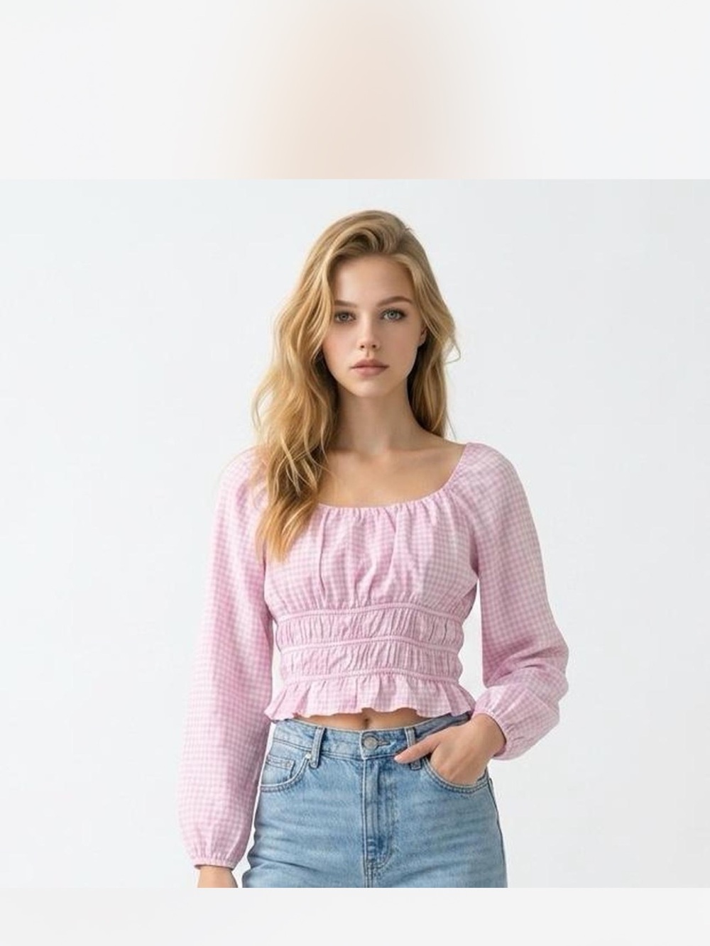 art class Pink Gingham Smocked Crop Top